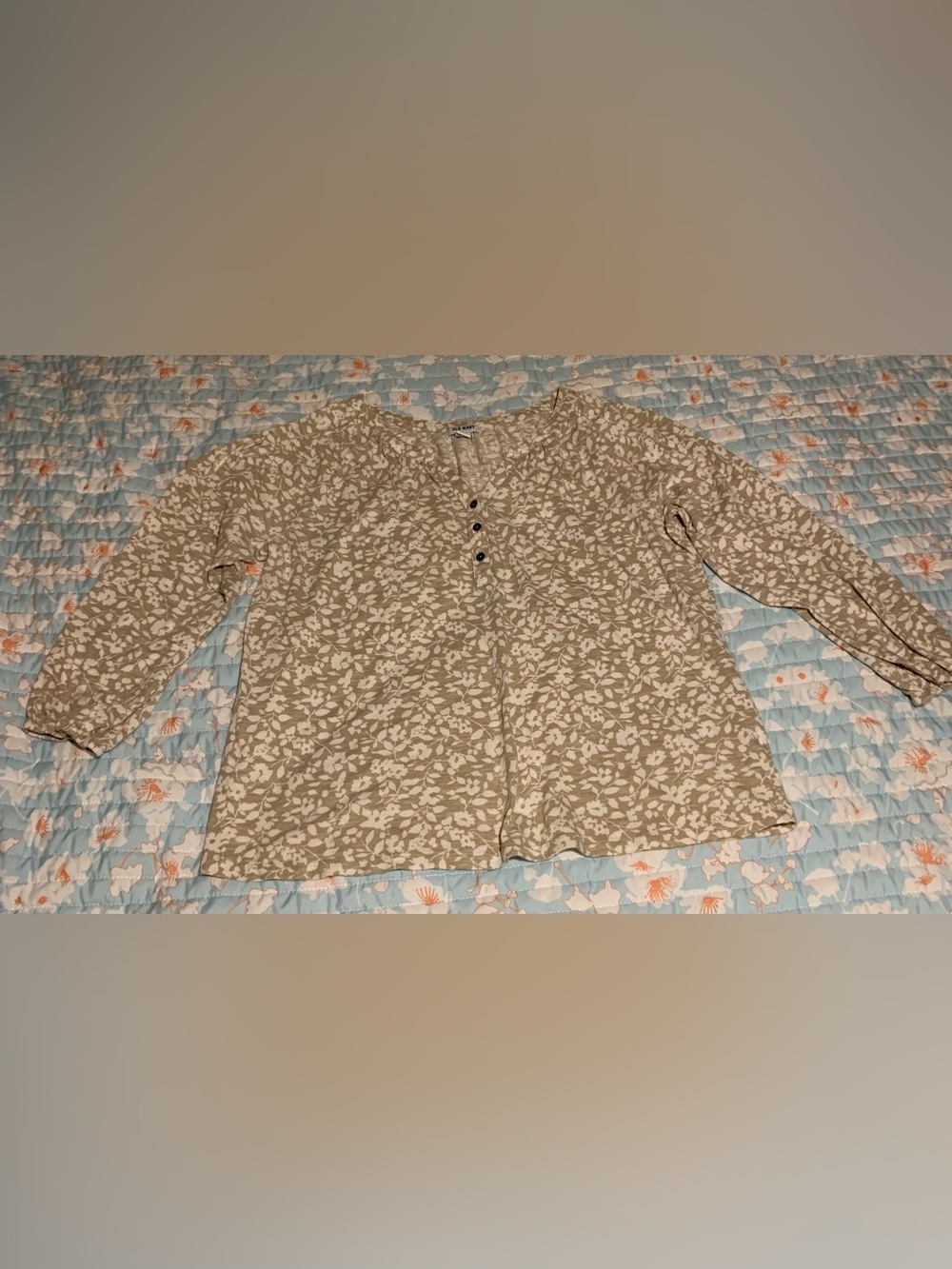 Old Navy Tan Floral Henley Blouse